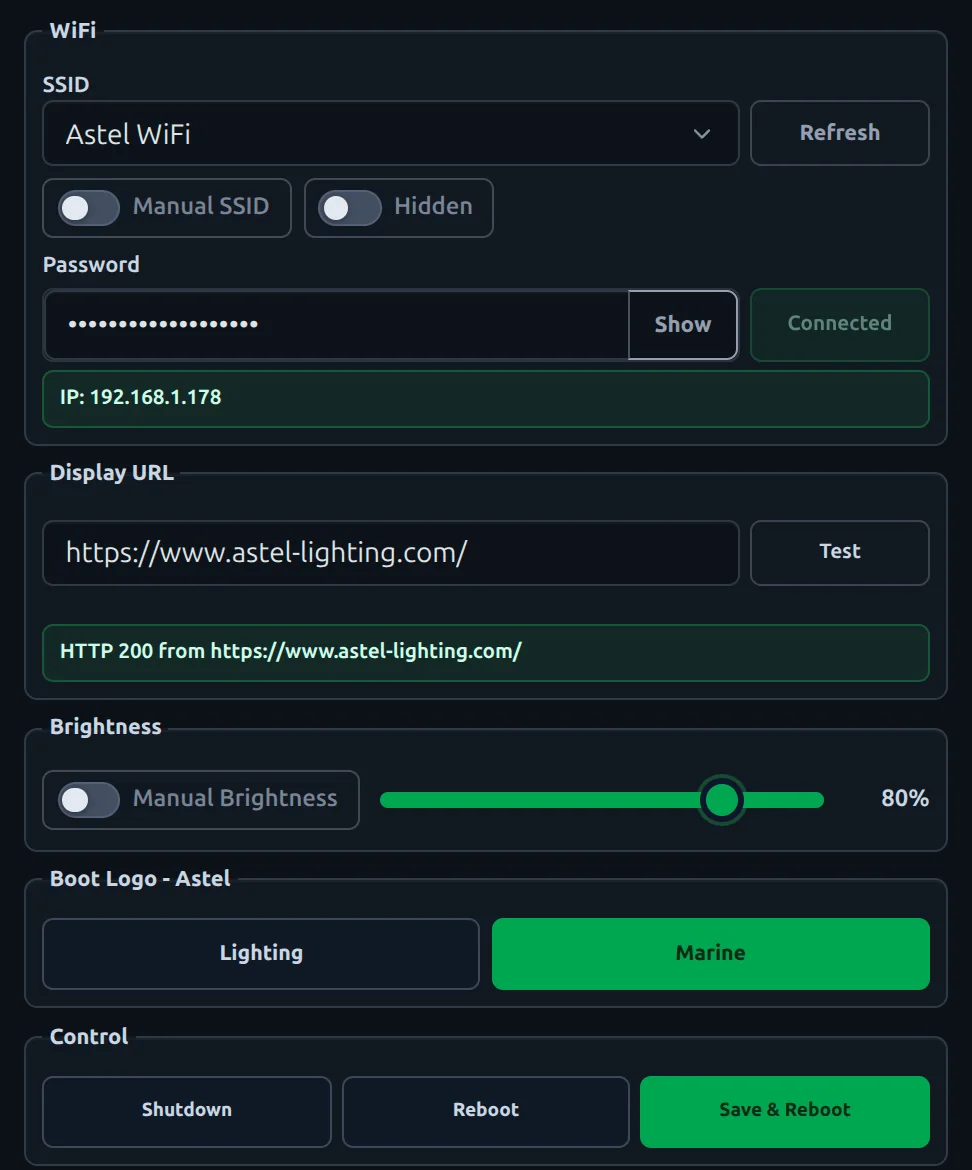 ASTEL kiosk configuration interface for Wi-Fi, display URL, brightness and boot logo